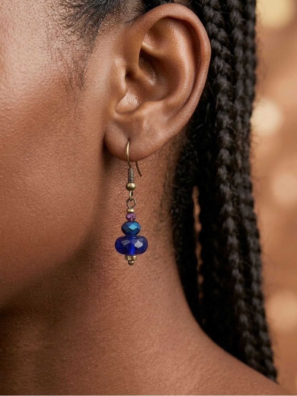 Handcrafted Glass Lampwork Sapphire
 Blue Glass and Plum Wooden Bead Earrings